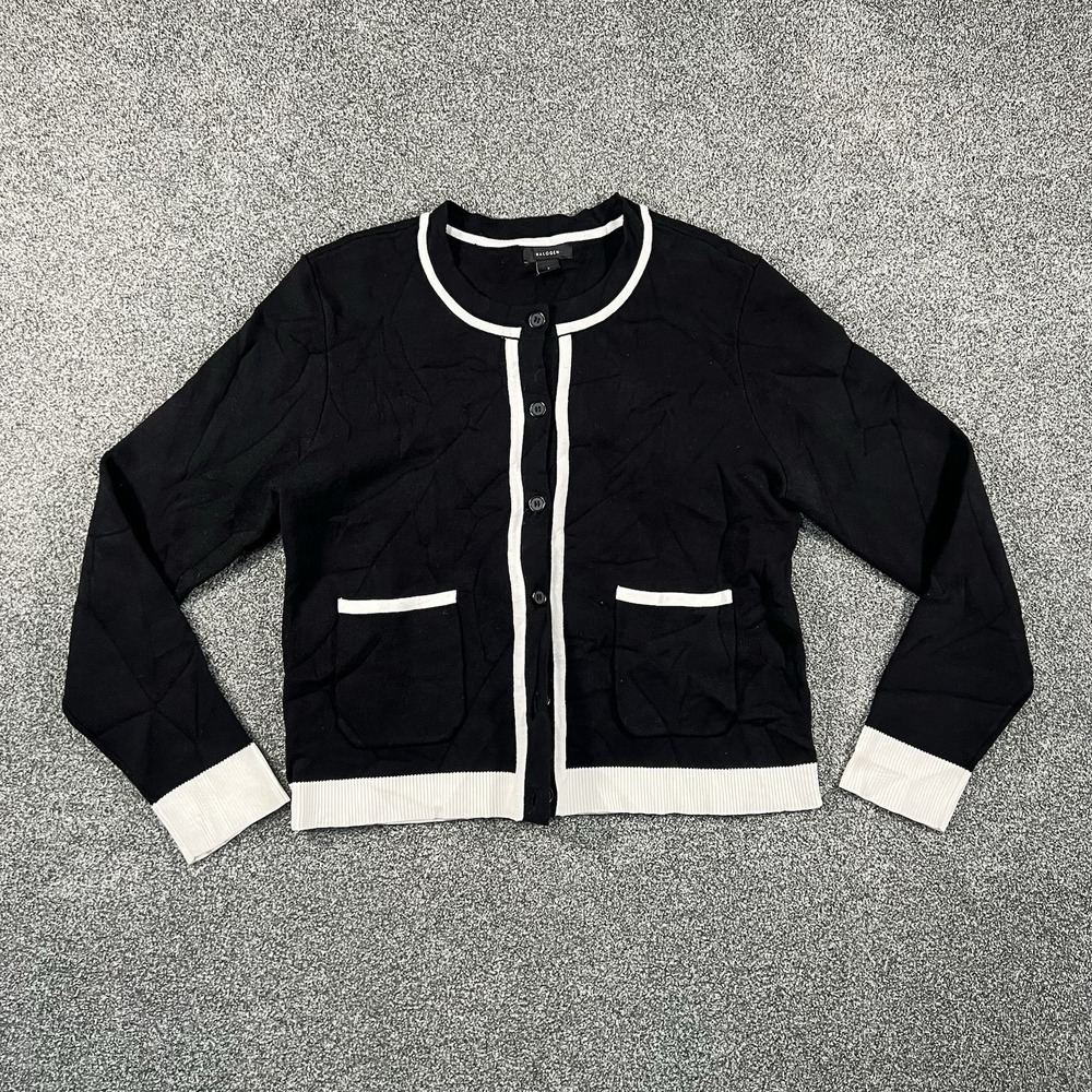 Halogen Womens Small Black White Contrast Trim Cardigan Sweater Button Front